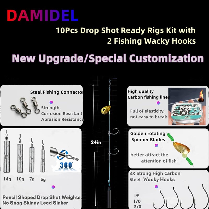 DAMIDEL 10Pcs Drop Shot Ready Rigs Kit with 2 Fishing Wacky Hooks,No Snag Skinny Sinker(1/2oz,3/8oz,1/4oz.1/5oz.), Spinner Blades， Fishing Bass Rig Cylinder Saltwater Freshwater - Image 3